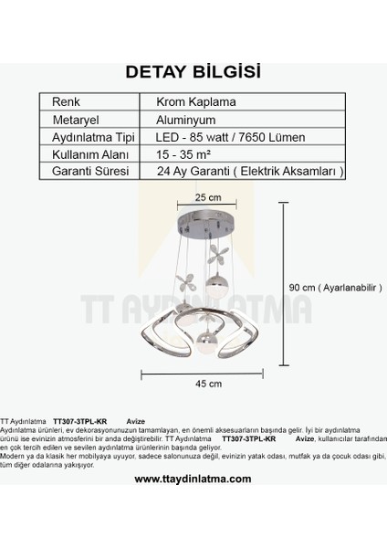 TT307-3TPL-KR Tt Aydınlatma Helezon Modeli Krom 3 Toplu 3 Renk Modüllü Ledli Avize