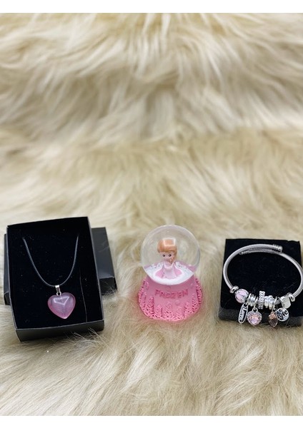 Charmlı Pandora Paslanmaz Çelik Ayarlanabilir Çelik Bileklik , Frozen Temalı Mini Işıklı Kar Küresi ve Doğaltaş Kolye