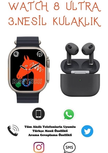 BGG Tech T800  Watch 8 Series Watch 8 Ultra 1.99 Ekran  Ultra Akıllı Saat + 3. Nesil Kablosuz Kulaklık