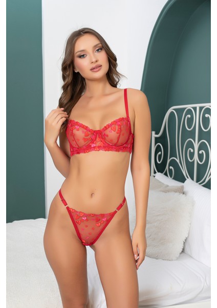 Hera Lingerie Kırmızı Kalp Desenli Balenli Dantelli Sütyen Tül Tanga Takımı