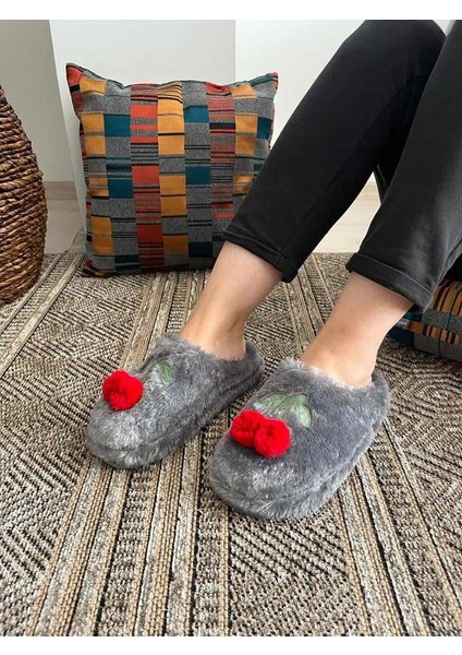 Bayan Sessiz Taban Kirazlı Peluş Ev Terliği