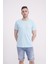 Palmiye Nakışlı Bisiklet Yaka Açık Mavi Tshirt 1