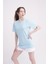 Palmiye Nakışlı Bisiklet Yaka Açık Mavi Tshirt 5