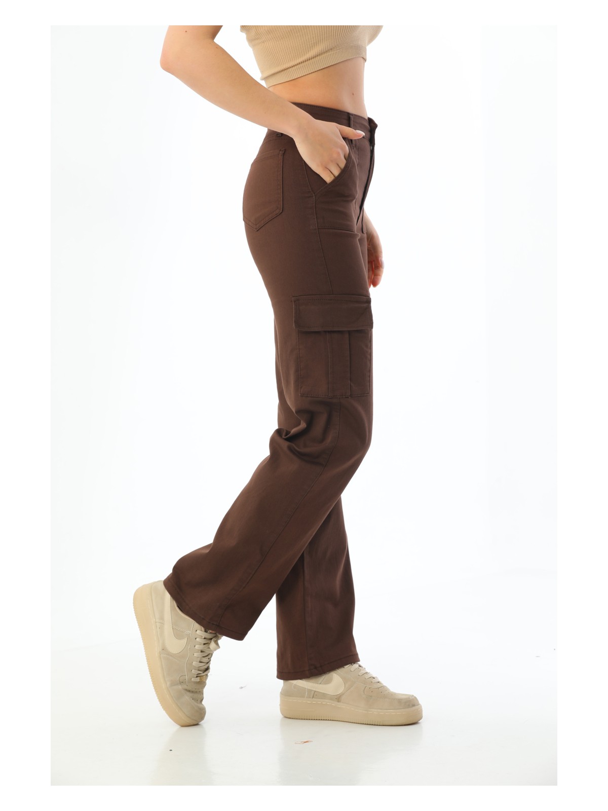 Bikelife Bej Kargo Cepli Likralı Yüksek Bel Wide Leg Pantolon - Görsel 9