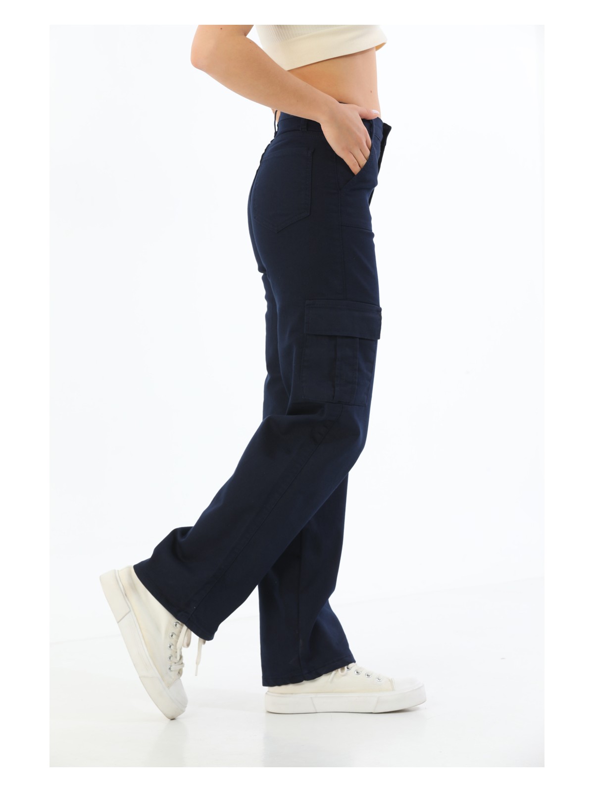 Bikelife Gri Kargo Cepli Likralı Yüksek Bel Wide Leg Pantolon - Görsel 3