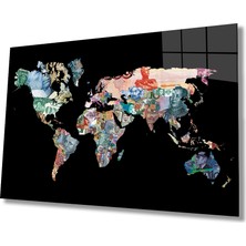 Rosyvien Soyut Para Doviz Desenli Dünya Haritası Cam Tablo, Ev ve Ofis Duvar Dekoru, Hediyelik, Temperli Cam