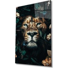 Rosyvien Yeşillikler Içinde Aslan Portresi Cam Tablo, Vahşi Doğa Manzarası, Ev Ofis Hediyelik Duvar Dekoru