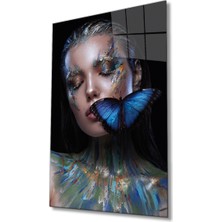 Rosyvien Renkli Makyajlı Kadın Kelebek Cam Tablo, Ev ve Ofis Duvar Dekoru, Hediyelik, Dayanıklı Temperli Cam