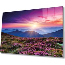 Rosyvien Gökyüzü Çiçek ve Dağ Yansıması Doğa Manzarası Cam Tablo, Ev ve Ofis Duvar Dekoru, Hediyelik Temperli