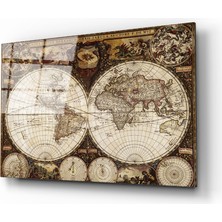 Rosyvien Eski Detaylı Dünya Haritası Cam Tablo, Ev ve Ofis Duvar Dekoru, Hediyelik, Dayanıklı Temperli Cam