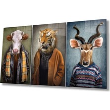 Rosyvien Inek, Kaplan ve Geyik 3 Parça Set Cam Tablo, Insan Vücutlu Hayvanlar, Hediyelik Ev Ofis Duvar Dekoru