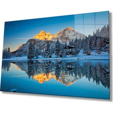 Rosyvien Karlı Ağaçlar ve Dağ Yansıması Doğa Manzarası Cam Tablo, Ev ve Ofis Duvar Dekoru, Hediyelik Temperli