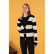 Sisa Moda Triko Kumaş Geniş Çizgili Düğmeli Kadın Hırka