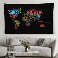 Doğal Tercih Siyah Zeminli Ülke Isimli Dünya Haritası Kanvas Duvar Örtüsü-Halısı 1015