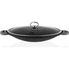 Taç Granit Döküm Cam Kapaklı Sac Kavurma ve Gözleme Tavası 34 cm Siyah