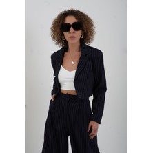 Zelish My Sister Lacivert Çizgili Poly Crop Ceket