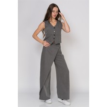 Önden Düğme Detaylı Pareo Pantolon & Yelek Gri