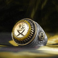 Takılingo 925 Ayar Gümüş Kehribar Taş Üzeri Zülfikar Kılıç Işlemeli Erkek Yüzük