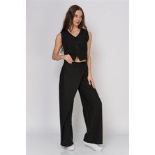 Önden Düğme Detaylı Pareo Pantolon & Yelek Siyah