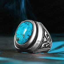Takılingo 925 Ayar Gümüş Orijinal Firuze Taşlı Lale Desenli Erkek Yüzük