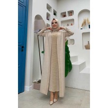 Bym Fashion Belli Kısımları Simli Tam Boy Elbise Hırka 2li Triko Takım 22223 Taş