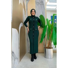 Bym Fashion Düğme Detaylı Cep Görünümlü Triko Dar Elbise 23312 Zümrüt