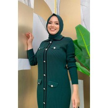 Bym Fashion Düğme Detaylı Cep Görünümlü Triko Dar Elbise 23312 Zümrüt