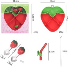 Jojobebek Vakumlu Silikon Mama Tabağı, Silikon Saplı Çelik Uçlu Çatal ve Kaşık ( Çilek Figürlü )