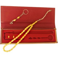 Mask Ateş Kehribar Püsküllü Kapsül Kesim Buğulu Sarı Tesbih ve Anahtarlık Seti Ahşap Kutulu