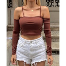 MST Kahverengi Madonna Yaka Parçalı Kol Fitilli Crop Bluz