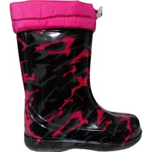 Serabien Kız Çocuk Füme-Fuşya Askeri Desenli Yağmur İçi Yünlü Çizme