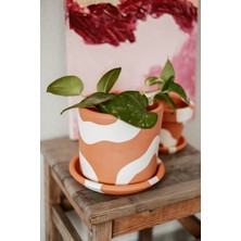 Fi.Dayy Design Terracotta Toprak Saksı & Tabak  Silindir Bohem Beyaz