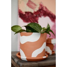 Fi.Dayy Design Terracotta Toprak Saksı & Tabak  Silindir Bohem Beyaz