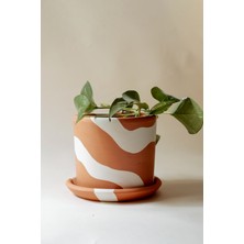 Fi.Dayy Design Terracotta Toprak Saksı & Tabak  Silindir Bohem Beyaz