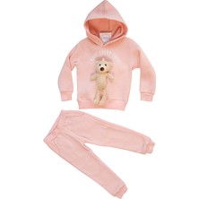 Mika Kids Peluş Ayılı Kız Çocuk Pudra Pembe 3 Iplik Dar Kalıp Sweat Takım