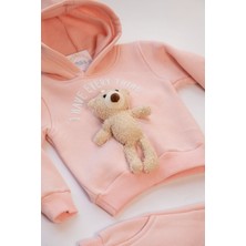 Mika Kids Peluş Ayılı Kız Çocuk Pudra Pembe 3 Iplik Dar Kalıp Sweat Takım