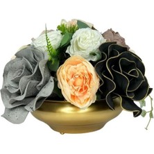 Nettenevime Yapay Çiçek Aranjmanı Büyük Boy Gri Siyah Somon Tonlar Gold Metal Vazolu Arajman Nişan Kız Isteme Çiçeği