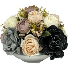 Nettenevime Yapay Çiçek Aranjmanı Büyük Boy Gri Siyah Pudra Tonlar Gümüş Metal Vazolu Arajman Nişan Kız Isteme Çiçeği