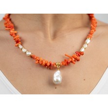 Flechazo Jewelry Orange Mercan, Arpa Inci ve Büyük Barok Incili Pendat Kolye