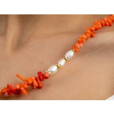 Flechazo Jewelry Orange Mercan, Arpa Inci ve Büyük Barok Incili Pendat Kolye