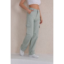 Bikelife  Kadın Açık Yeşil Yüksek Bel Geniş Paça Kargo Pantolon