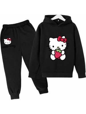 Kids Face Özel Tasarım Kapüşonlu Hello Kitty Çilek Baskılı  Pamuk Tam Kışlık Kız Çocuk Eşofman  Takımı