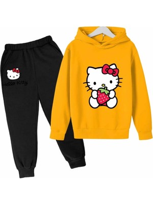Kids Face Özel Tasarım Kapüşonlu Hello Kitty Çilek Baskılı  Pamuk Tam Kışlık Kız Çocuk Eşofman Takımı