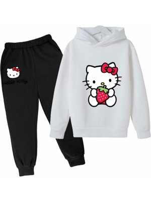 Kids Face Özel Tasarım Kapüşonlu Hello Kitty Çilek Baskılı  Pamuk Tam Kışlık Kız Çocuk Eşofman Takımı