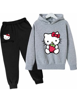 Kids Face Özel Tasarım Kapüşonlu Hello Kitty Çilek Baskılı 3 Iplik Şardonlu  Pamuk Tam Kışlık Kız Çocuk Eşofman Takımı