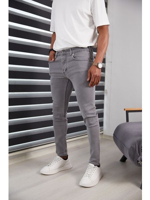 Jack Caprio Erkek Gri Kot Pantolon Yüksek Kaliteli Jeans Renk Solması Yapmaz Likralı