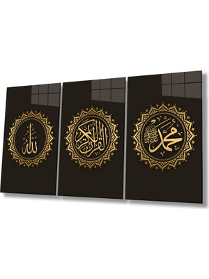 Rosyvien Allah, Muhammed ve Kuran-I Kerim 3 Parça Set Cam Tablo, Dini Islami Ev Ofis Hediyelik Duvar Dekoru