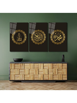Rosyvien Allah, Muhammed ve Kuran-I Kerim 3 Parça Set Cam Tablo, Dini Islami Ev Ofis Hediyelik Duvar Dekoru