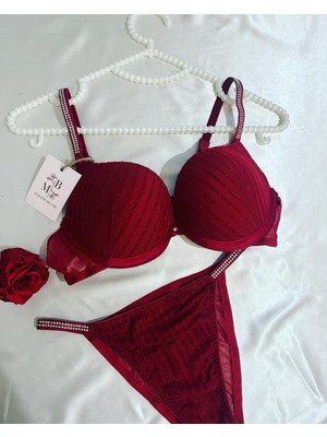 Madame Blume Lingerie Simli Taşlı Soft Vişne Sütyen Takımı Simli Vişne