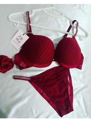 Madame Blume Lingerie Simli Taşlı Soft Vişne Sütyen Takımı Simli Vişne